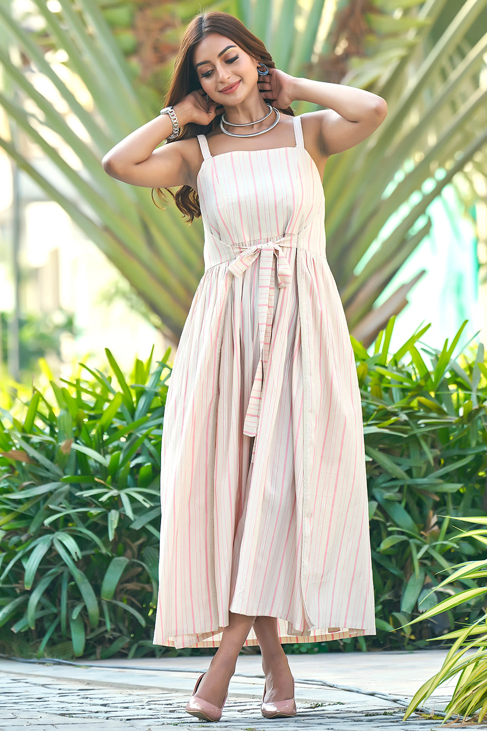 Pink Cotton Belted Flared Dress Evening Resort Wear | NovelaFashion Pink Cotton Belted Flared Dress Evening Resort Wear | NovelaFashion