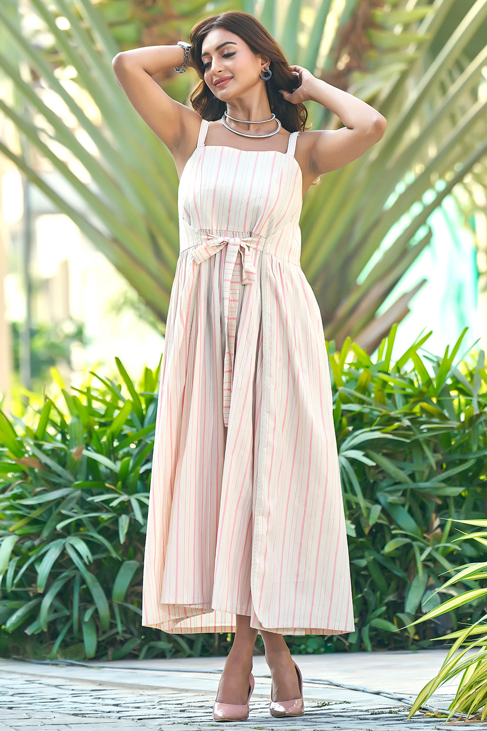 Pink Cotton Resort Wear Tie-up Dress