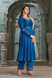 Blue Flared Anarkali Kurta Set with Trousers and Dupatta