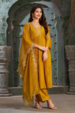 Mustard Alia Cut Anarkali Art Silk Kurta Set with Trousers and Dupatta