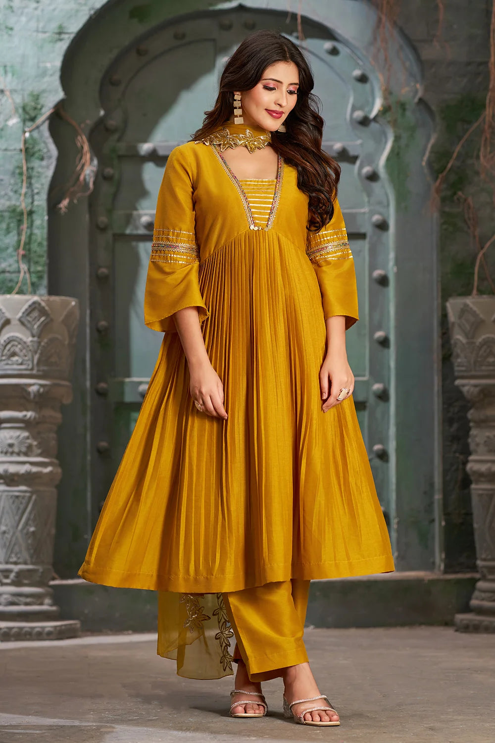 Mustard Alia Cut Anarkali Art Silk Kurta Set with Trousers and Dupatta