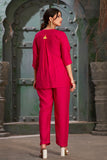 Hot Pink Silk Cotton Round V-Neck Co-Ord Set