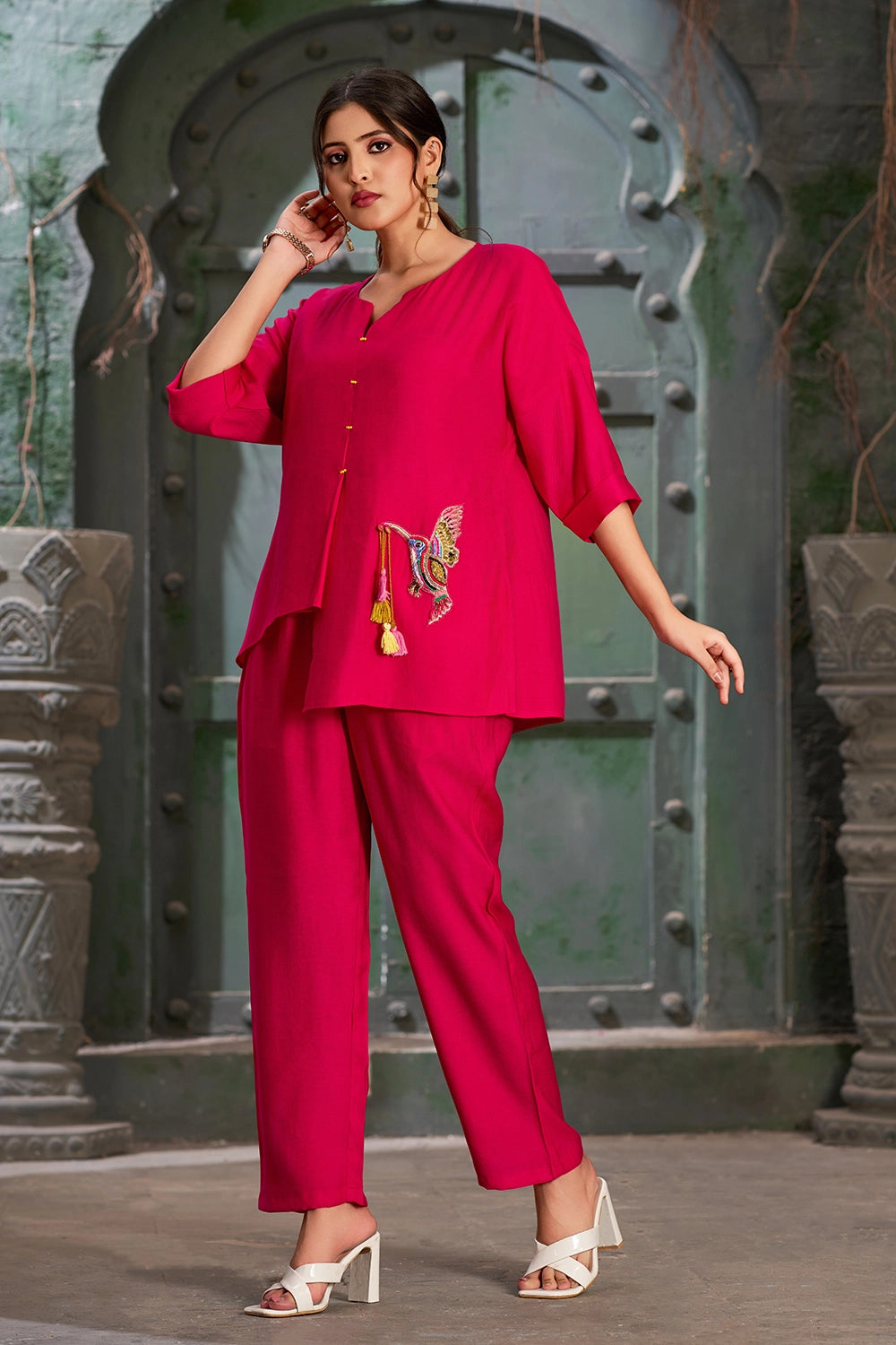 Hot Pink Silk Cotton Round V-Neck Co-Ord Set