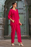 Hot Pink Silk Cotton Round V-Neck Co-Ord Set