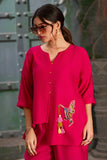 Hot Pink Silk Cotton Round V-Neck Co-Ord Set