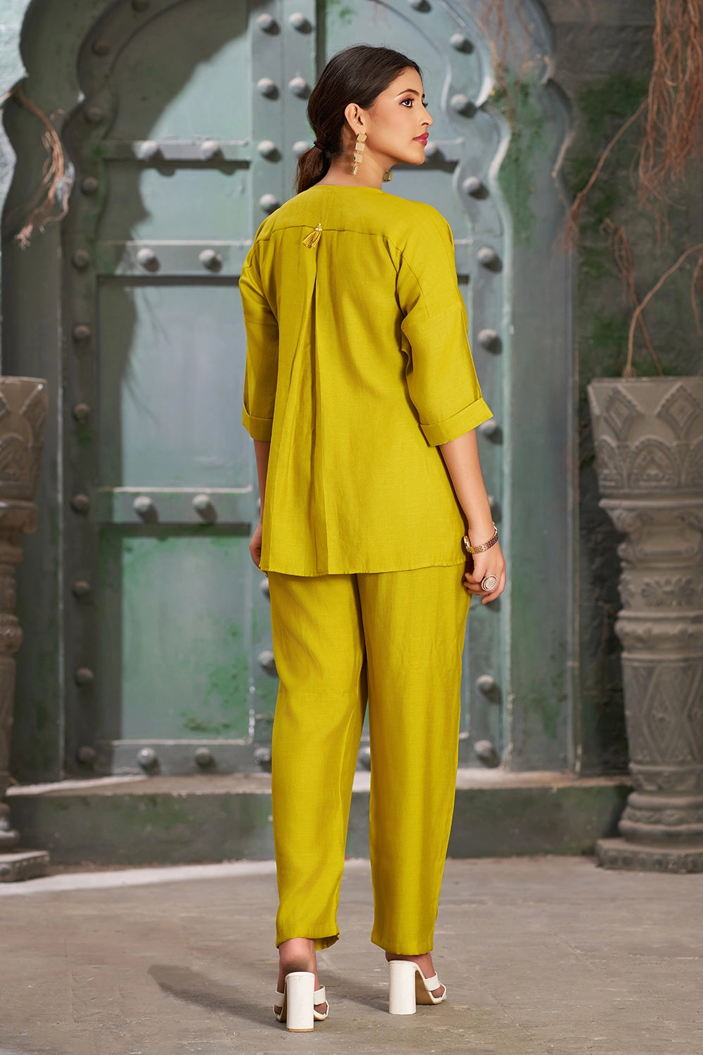Vibrant Elegance: Atomic Yellow Asymmetric Silk-Cotton Co-Ord Set