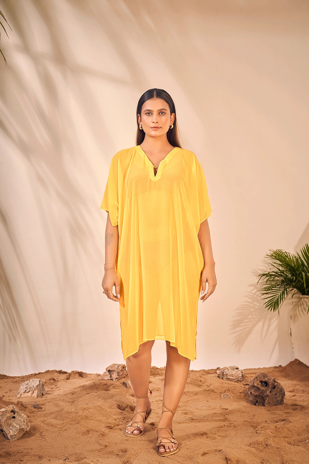 Beach Wear V Neck Yellow Kaftan Cover Up Dress