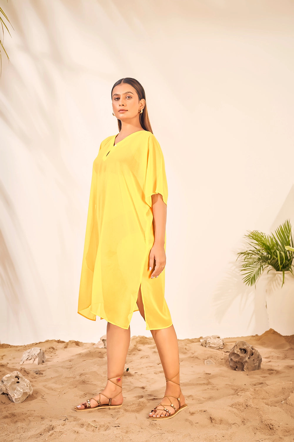 Beach Wear V Neck Yellow Kaftan Cover Up Dress