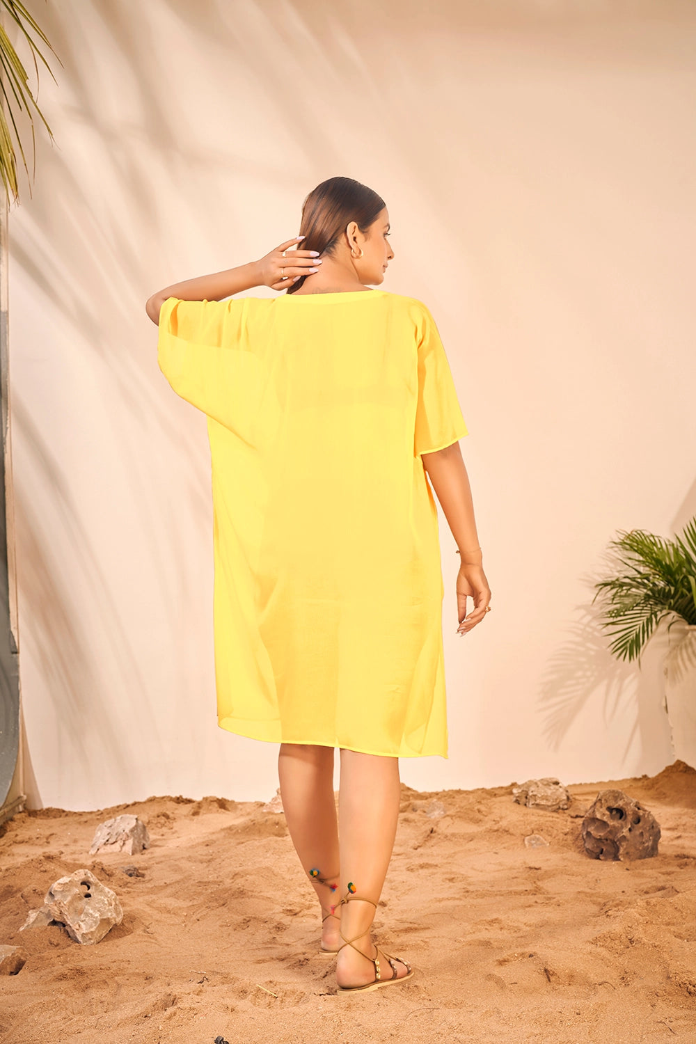 Beach Wear V Neck Yellow Kaftan Cover Up Dress