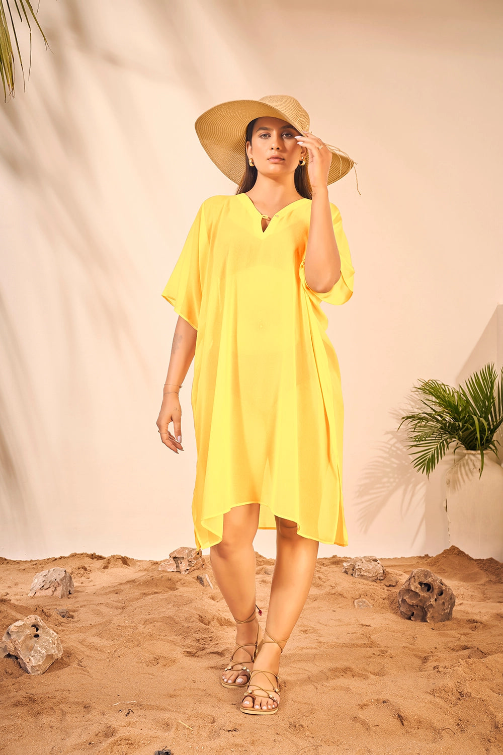 Beach Wear V Neck Yellow Kaftan Cover Up Dress