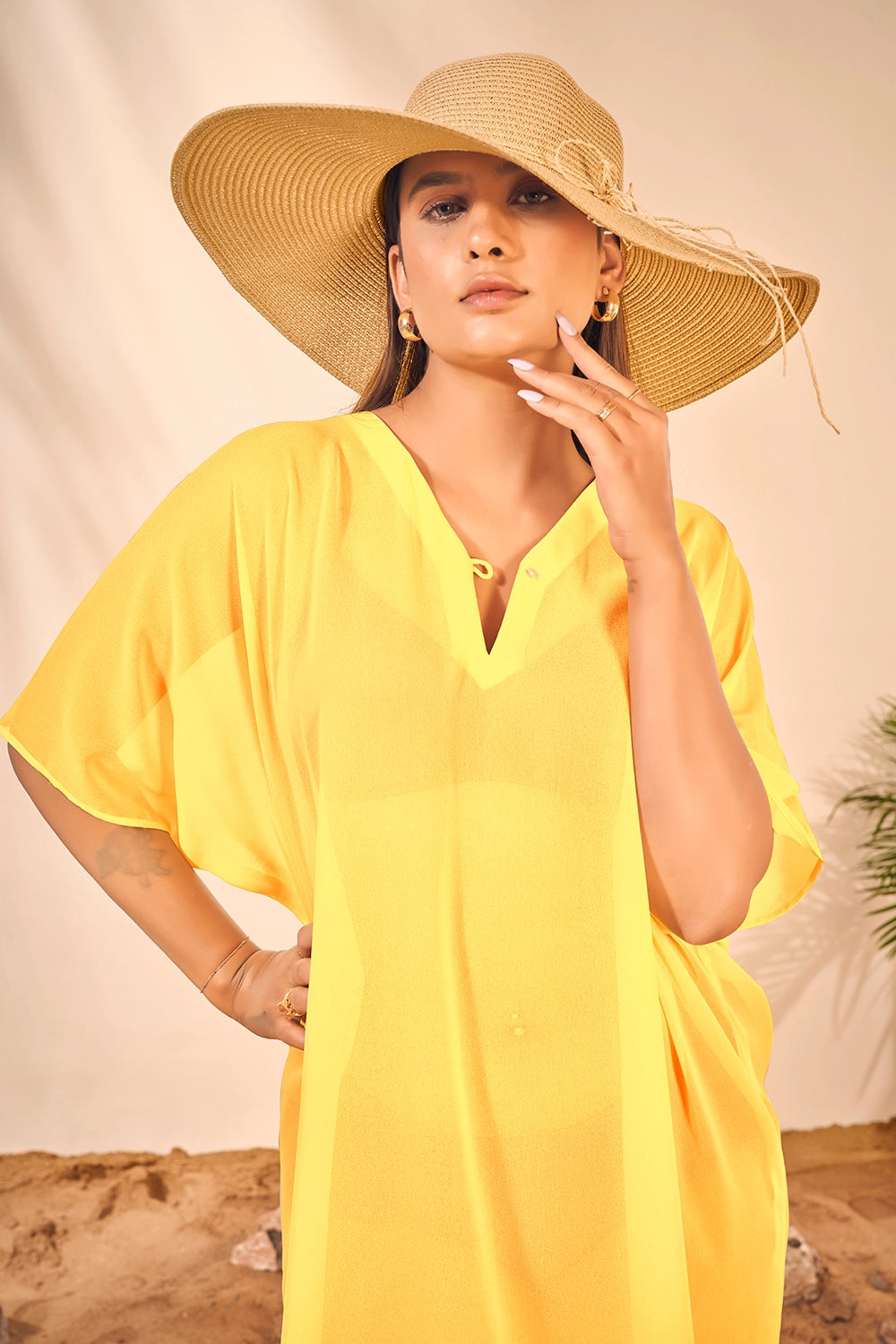 Beach Wear V Neck Yellow Kaftan Cover Up Dress