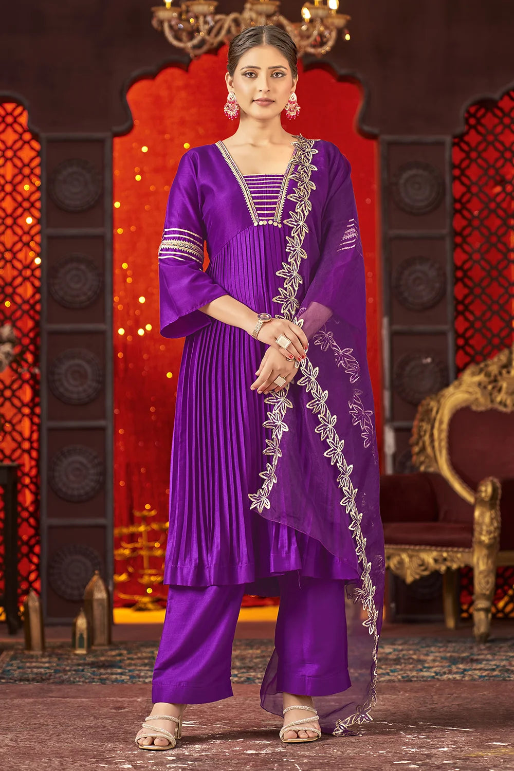 Violet Art Silk Alia Cut Anarkali Kurta Set with Trousers and Dupatta