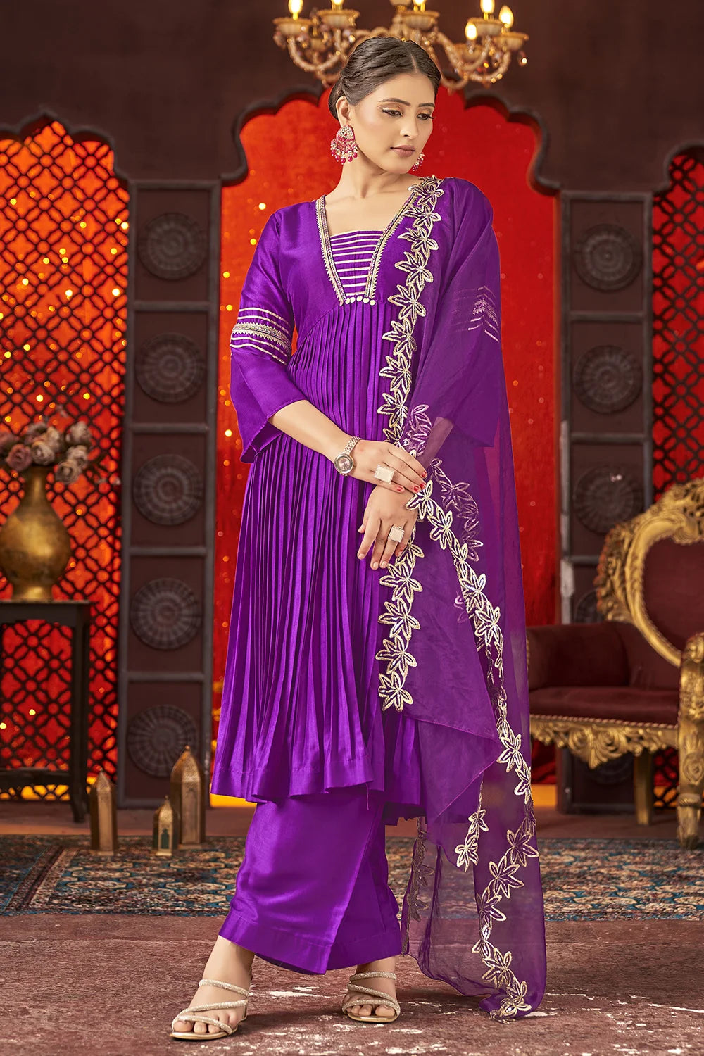 Violet Art Silk Alia Cut Anarkali Kurta Set with Trousers and Dupatta