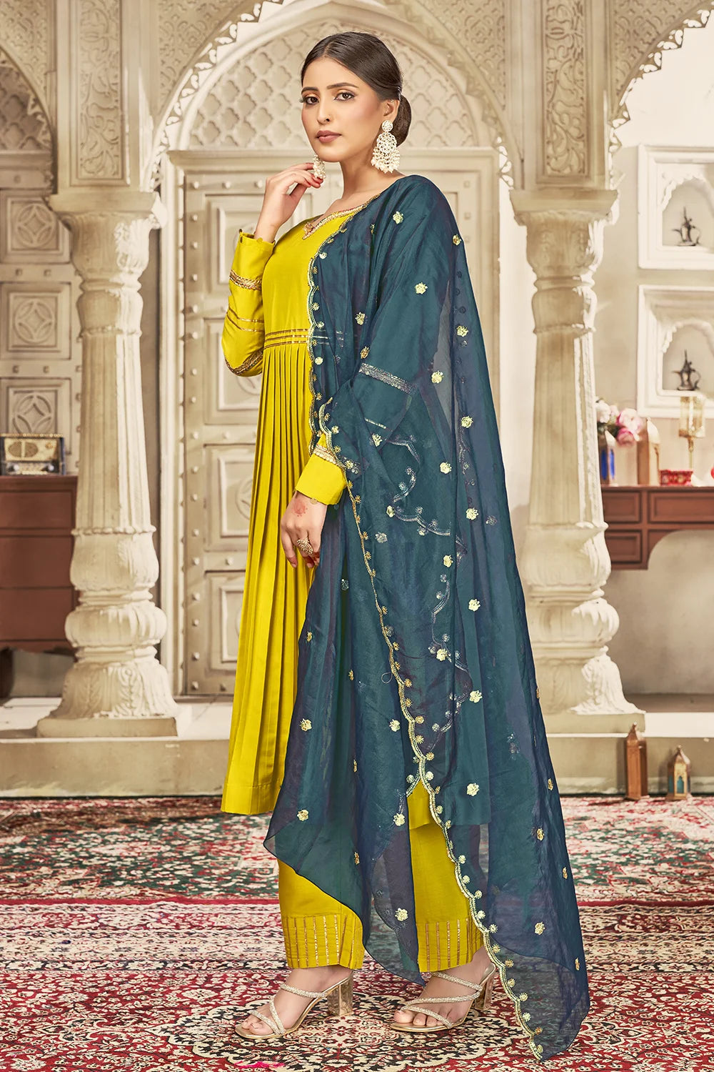 Yellow Anarkali Embroidered Kurta Set with Trousers and Dupatta