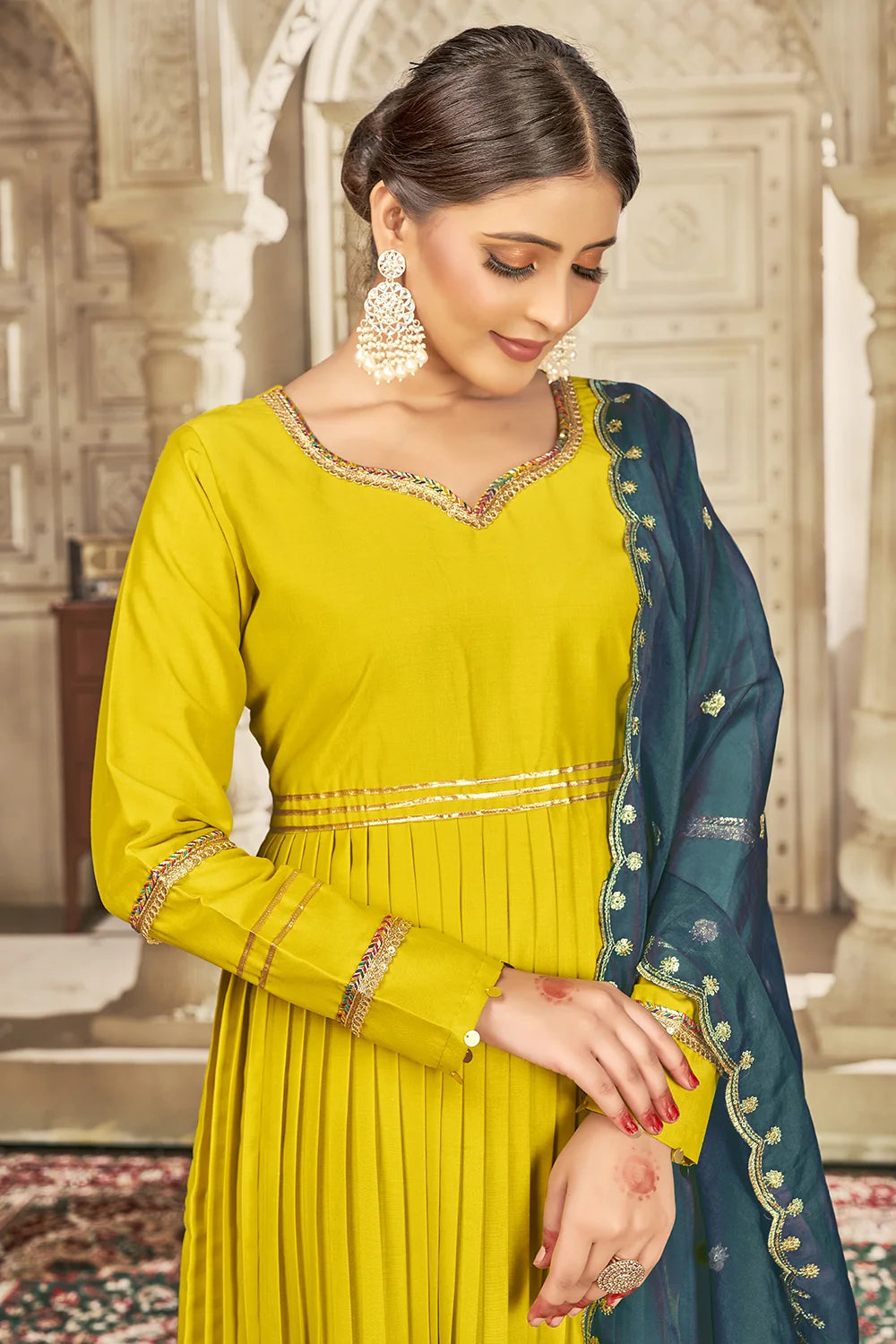 Yellow Anarkali Embroidered Kurta Set with Trousers and Dupatta