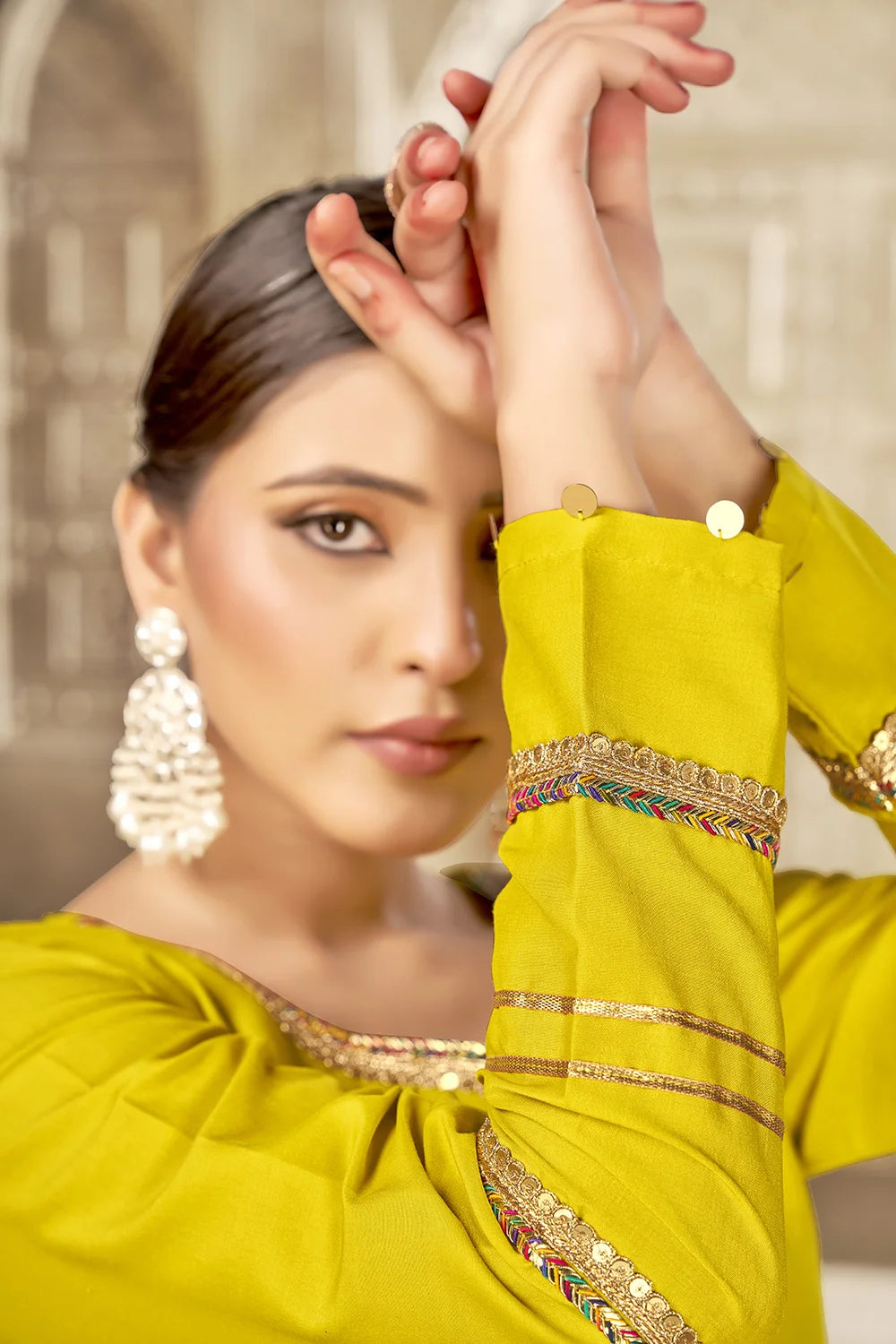 Yellow Anarkali Embroidered Kurta Set with Trousers and Dupatta